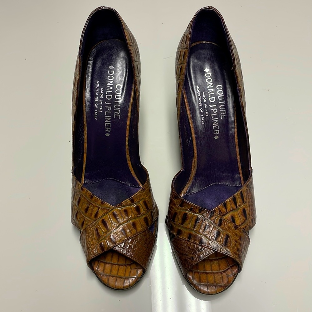 DONALD PLINER COUTURE ZARA gator Brown Stiletto Heel Peep Toe 106 Zara Size 8.5M